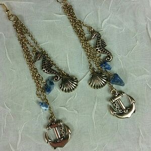 Pierced Earrings dangle Sea horse shell anchor blue lapis chip gold NEW